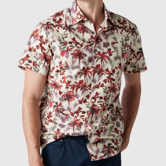 Ross & Gunn Italian 100% Cotton Hawaiian Print Short Sleeve Button-up Shirt - Picture 2 of 14